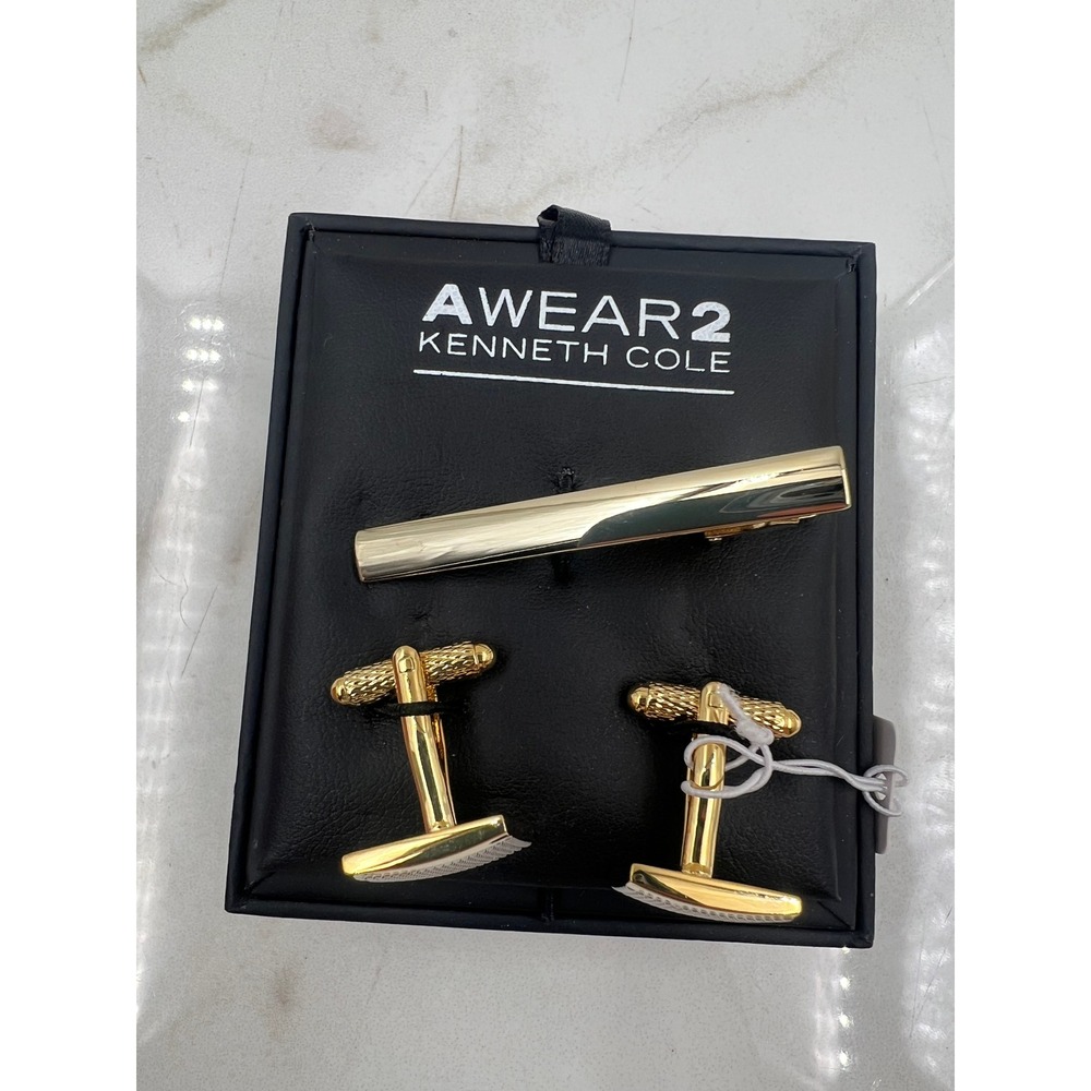 Kenneth Cole AWEAR2 Mens Cufflinks and Tie Bar Set Gold Silver Two Tone Square